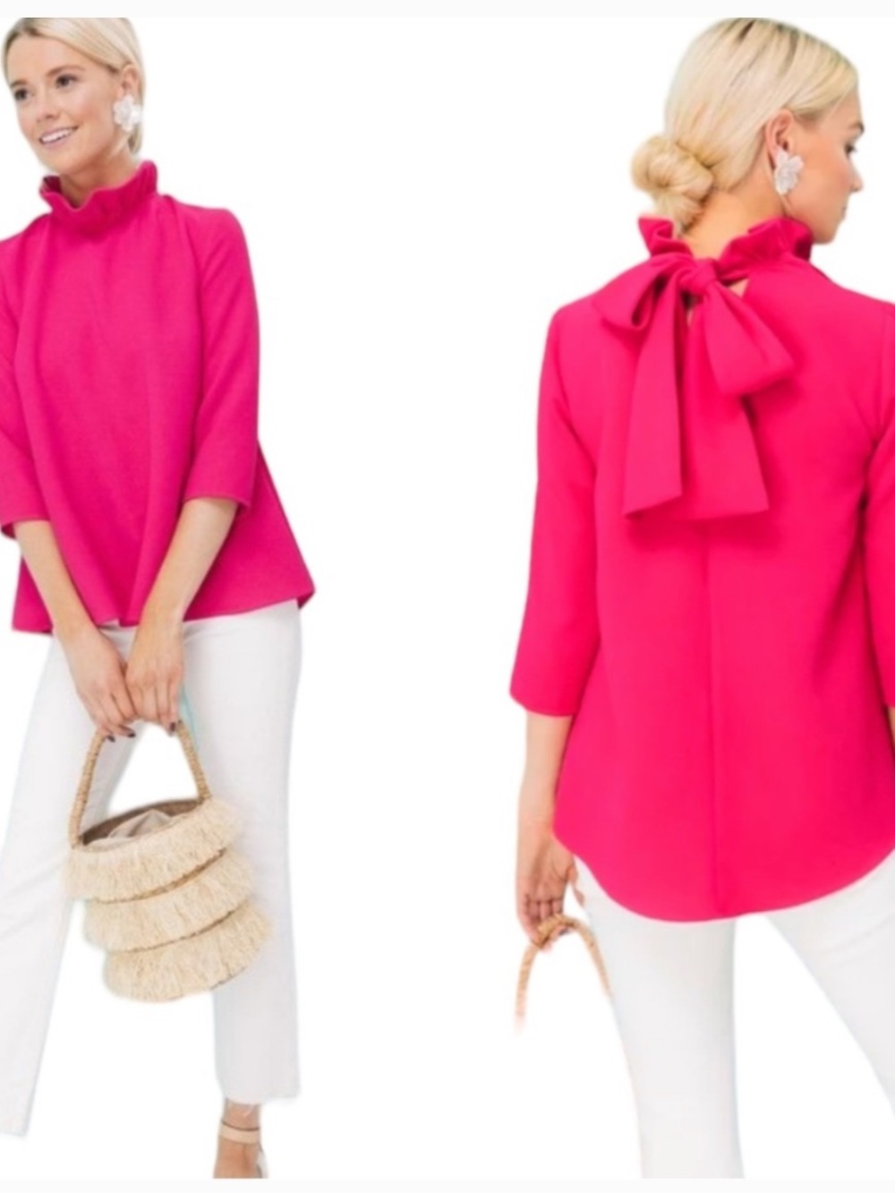 Tuckernuck Pomander Place Faye Fuchsia Pink Crepe Ruffled Neck Bow Top S - Picture 3 of 9